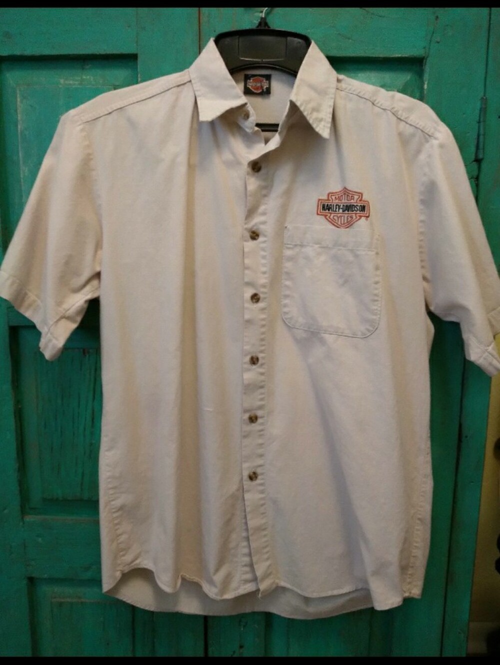 Men's Vintage Harley Davidson Tan Button Down Short Sleeve Shirt Sz M